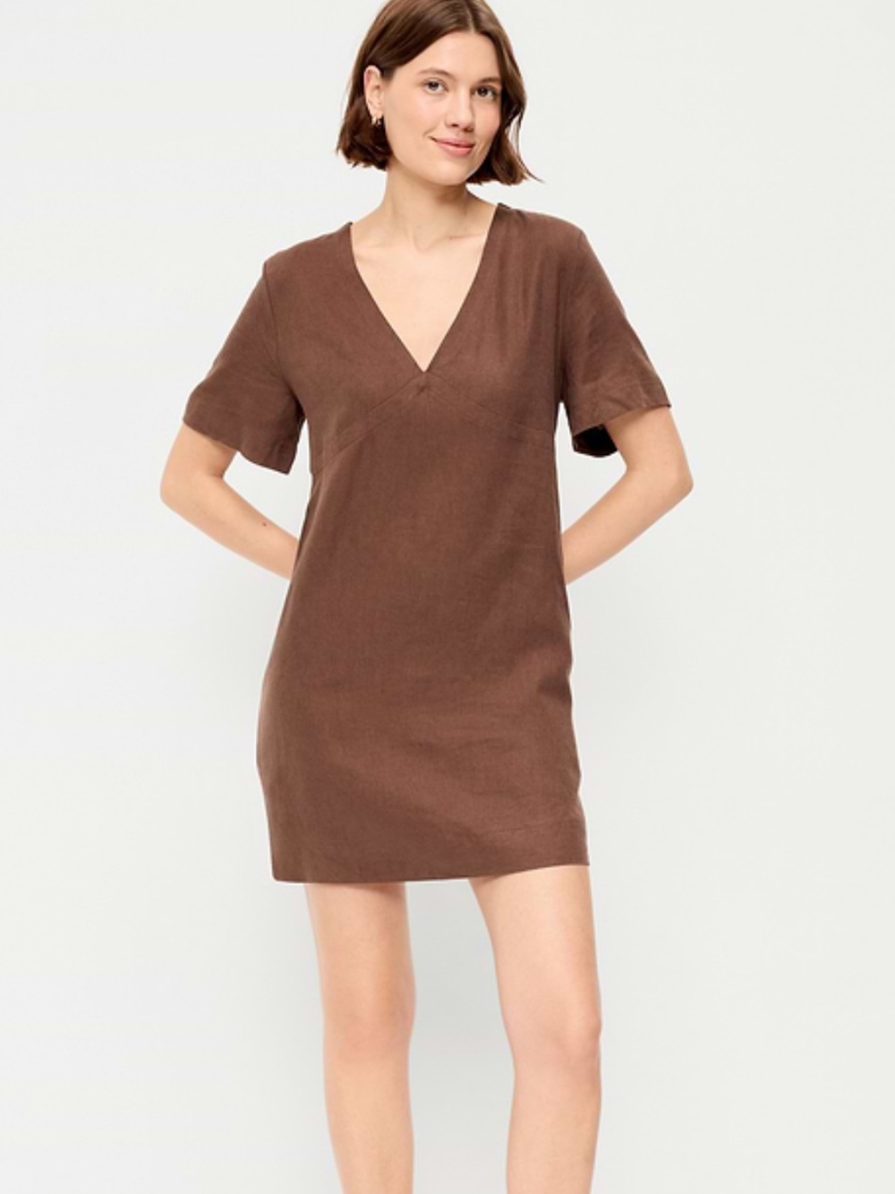 Old Navy Short Sleeve linen blend mini Shift Dress in Brown